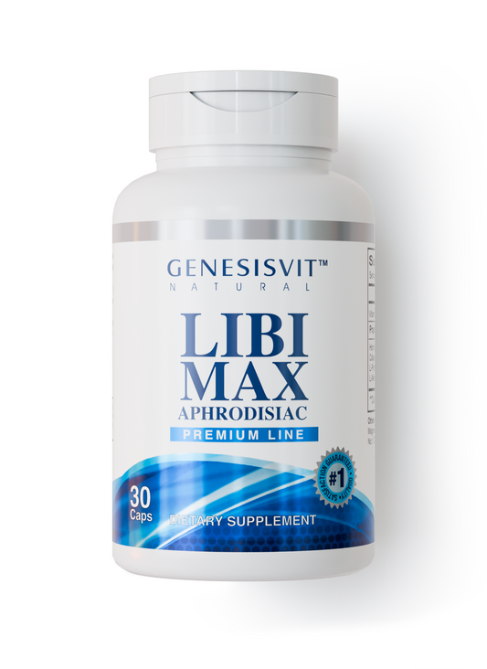 A white bottle of Genesisvit® LibiMax Premium Line by Alfa Vitamins, featuring blue accents and a #1 badge, contains 30 capsules of a dietary supplement designed to support libido.