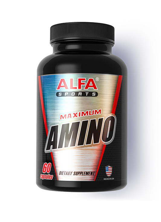 A black bottle of Alfa Vitamins Maximum Amino, featuring a metallic design and American flag, offers 60 capsules with essential amino acids. Made in the USA for effective amino acid supplementation.
