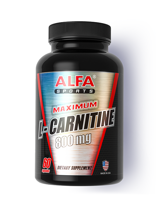 A black bottle labeled Alfa Vitamins Maximum L-Carnitine - 60 Capsules, this USA-made dietary supplement acts as a fat burner and displays an American flag on its label.