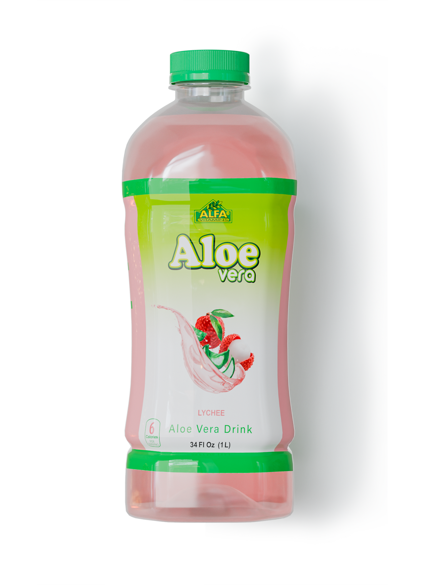 Alfa Vitamins Store Aloe Vera Drink - 34oz - 6 pack features a light pink lychee flavor with aloe vera. Enjoy this refreshing, digestive-supporting superfood elixir, each bottle topped with a green cap and decorated with aloe and lychee images.