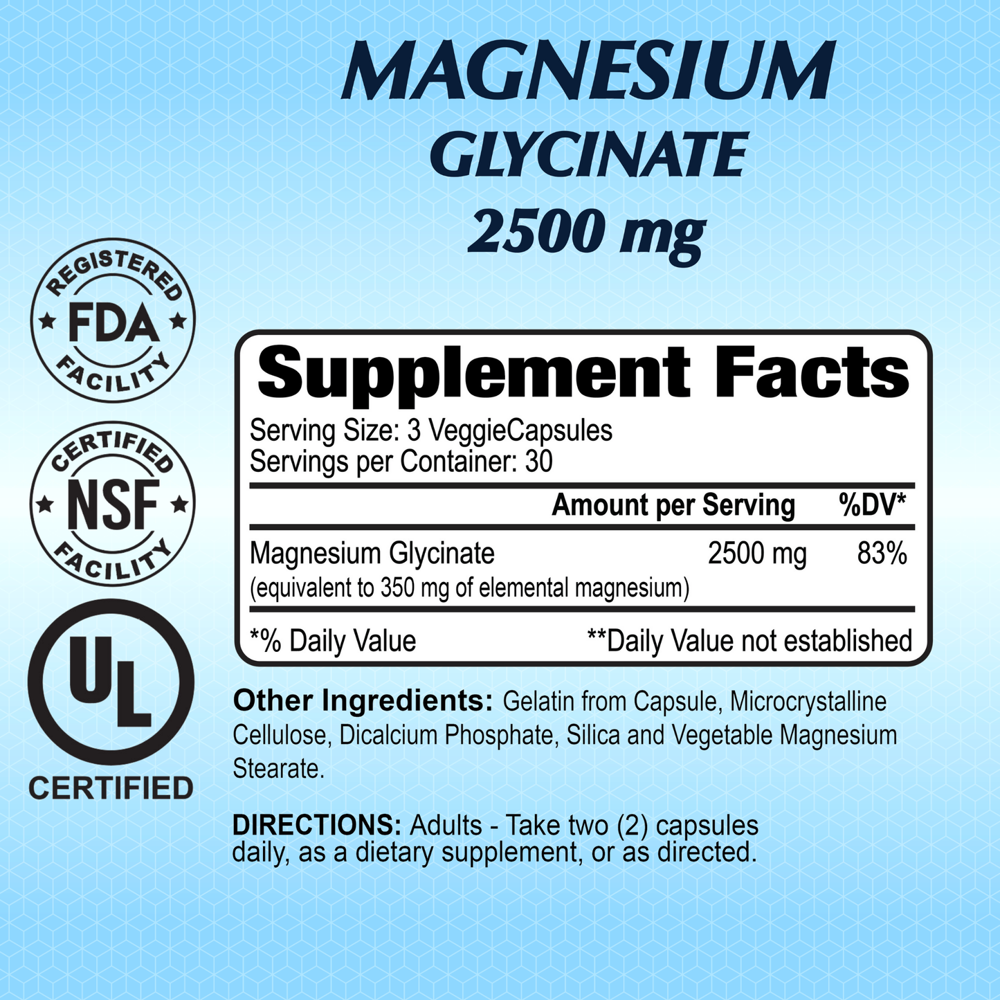 The Alfa Vitamins Magnesium Glycinate 2500 mg supplement, with a blue label highlighting bioavailability, offers 3 veggie capsules per serving. It includes 30 servings per container and features an ingredient list, directions, and supports muscle and nerve function with FDA, NSF, and UL certifications.