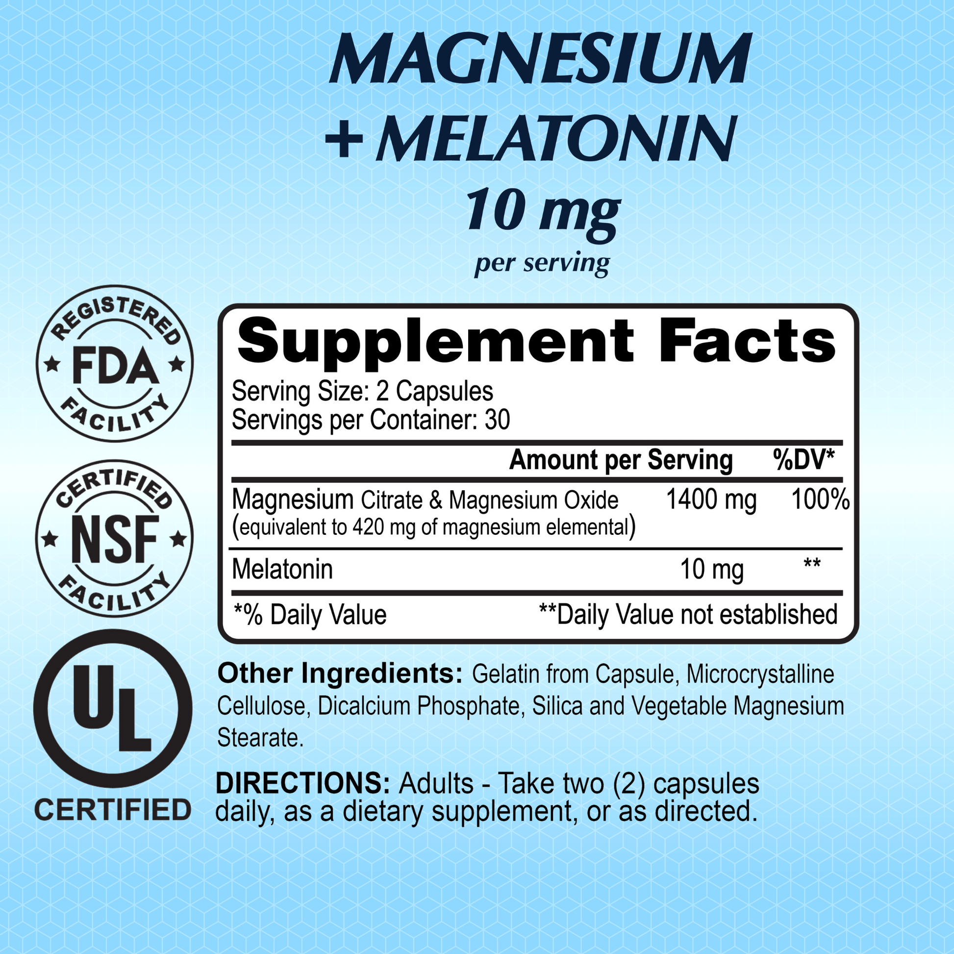 Improve your sleep with Alfa Vitamins Magnesium Plus Melatonin 10 mg - 60 Capsules, each serving includes 1400 mg of magnesium citrate and oxide, and 10 mg of melatonin. Certified by FDA, NSF, and UL for adult use to aid restful nights.