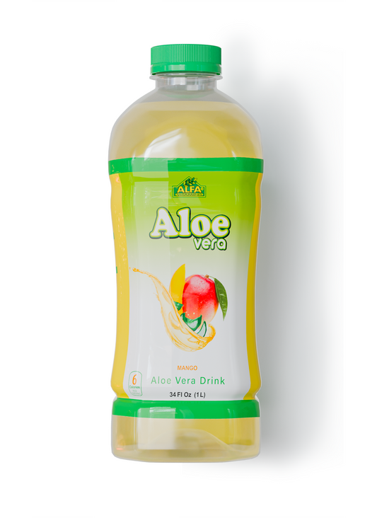 A 34oz bottle of Alfa Vitamins Store Aloe Vera Drink, sold in a 6 pack, features a mango-flavored yellow liquid with a green cap and label showing mango and aloe leaves—your refreshing superfood elixir for digestion.