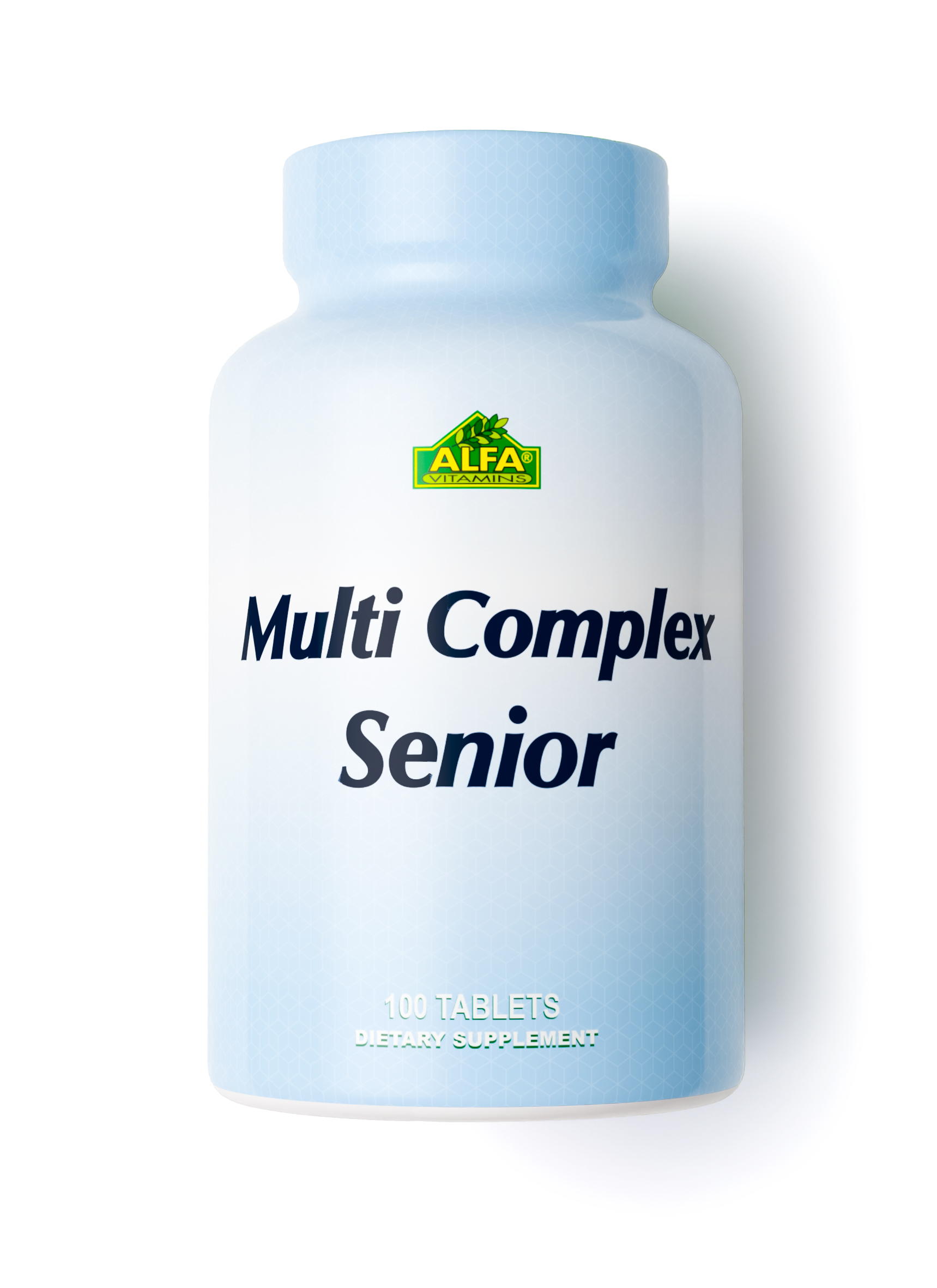 A light blue bottle labeled Multi Complex Senior Male Formula by Alfa Vitamins features energy support, with 100 Tablets Dietary Supplement at the bottom and a green Alfa Nutrition logo on top.