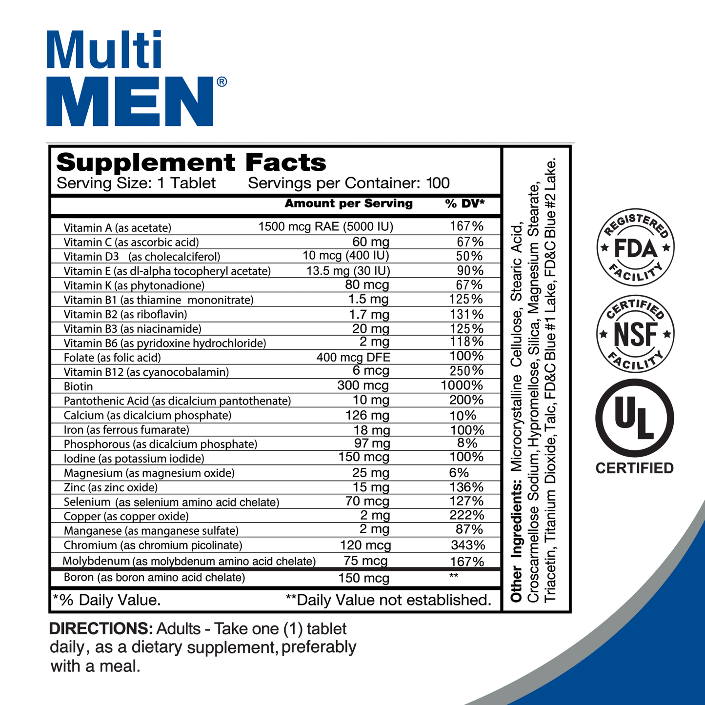 Supplement facts for Multi Men - Daily Multivitamins for Men by Alfa Vitamins include vital nutrients like A, C, D3, E, B vitamins, calcium, and zinc. Made with non-GMO ingredients and certified by FDA, NSF, and UL for quality assurance. Contains 100 tablets.