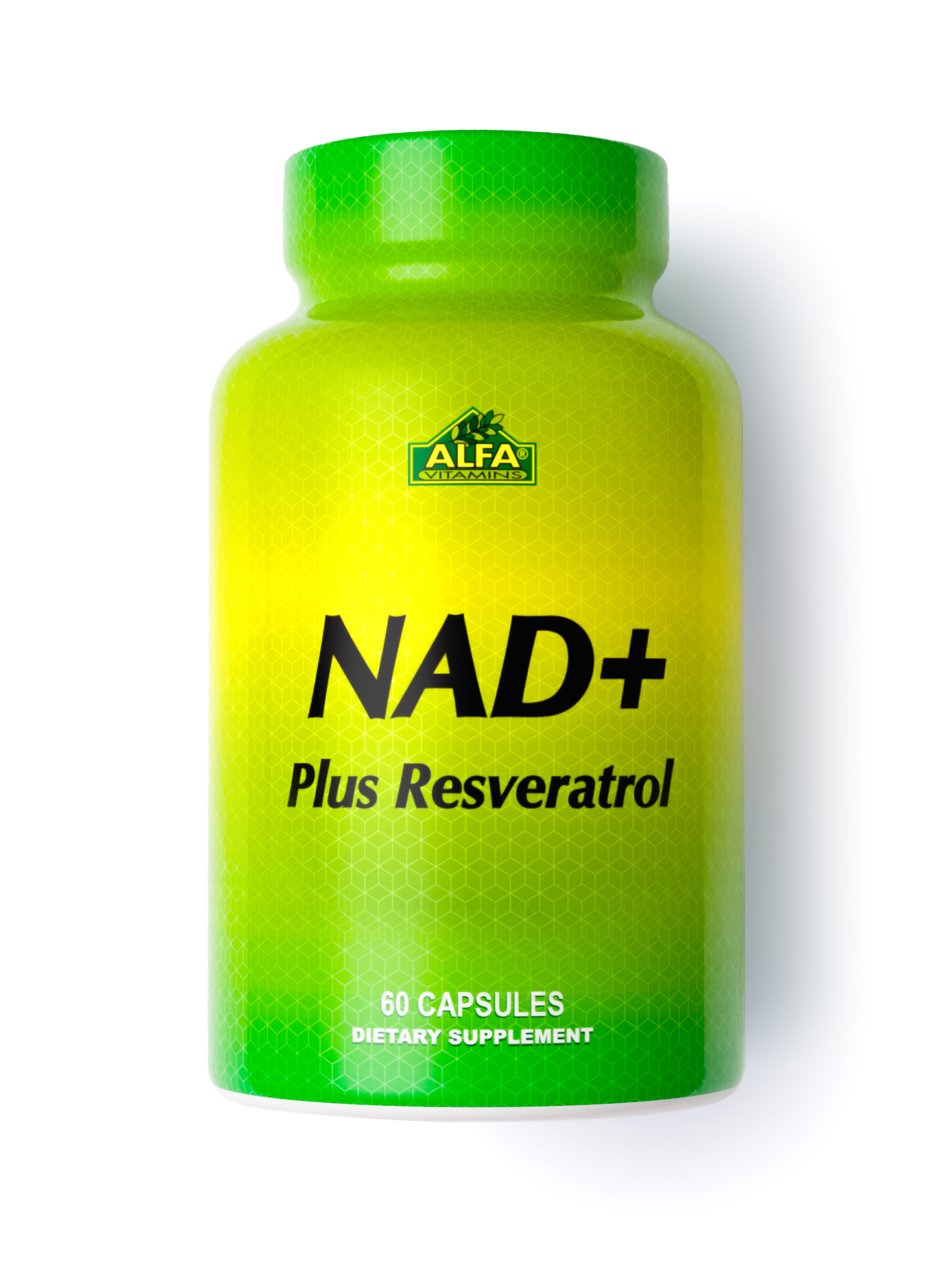 A green and yellow bottle of NAD+ Plus Resveratrol by Alfa Vitamins Store contains 60 capsules and supports cellular energy and healthy aging.