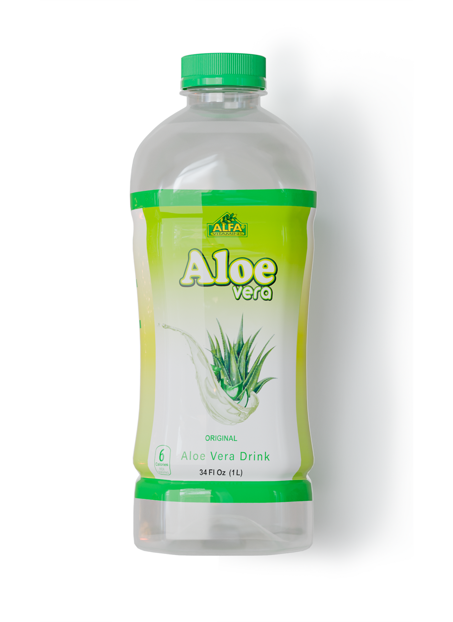 A 34oz clear plastic bottle of Alfa Vitamins Store Aloe Vera Drink, sold in a 6 pack, with a green cap and green-yellow label featuring an aloe plant. “Aloe Vera Original” offers 6% aloe to support your digestive system.