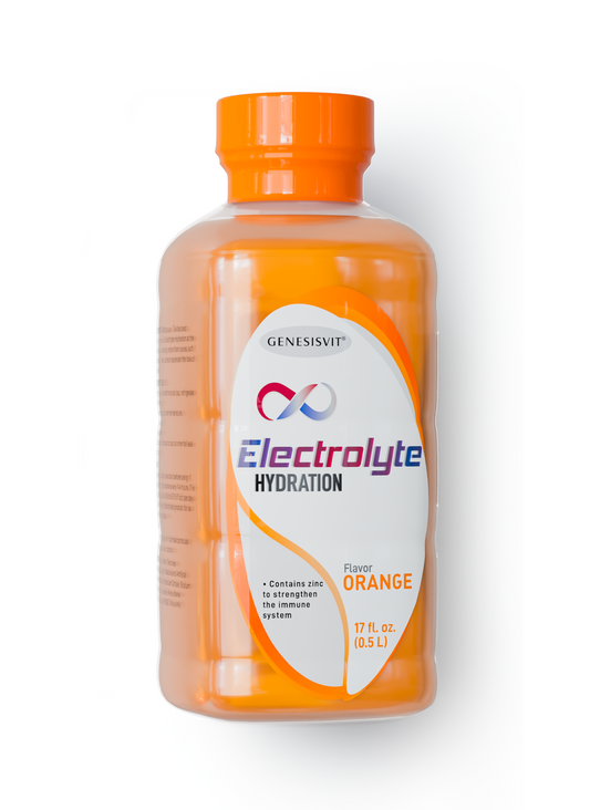 A 16.9 fl oz orange bottle of Genesisvit® Electrolyte Solution by Alfa Vitamins Store, featuring zinc for effective dehydration prevention; comes in a pack of 12.