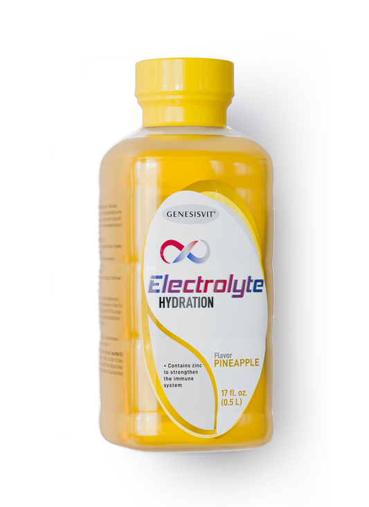 The Genesisvit® Electrolyte Solution from Alfa Vitamins Store, Pineapple flavor, comes in a 16.9 fl oz yellow bottle with a white label and yellow cap, highlighting zinc for immune support and electrolyte benefits. Sold as a 12-pack.
