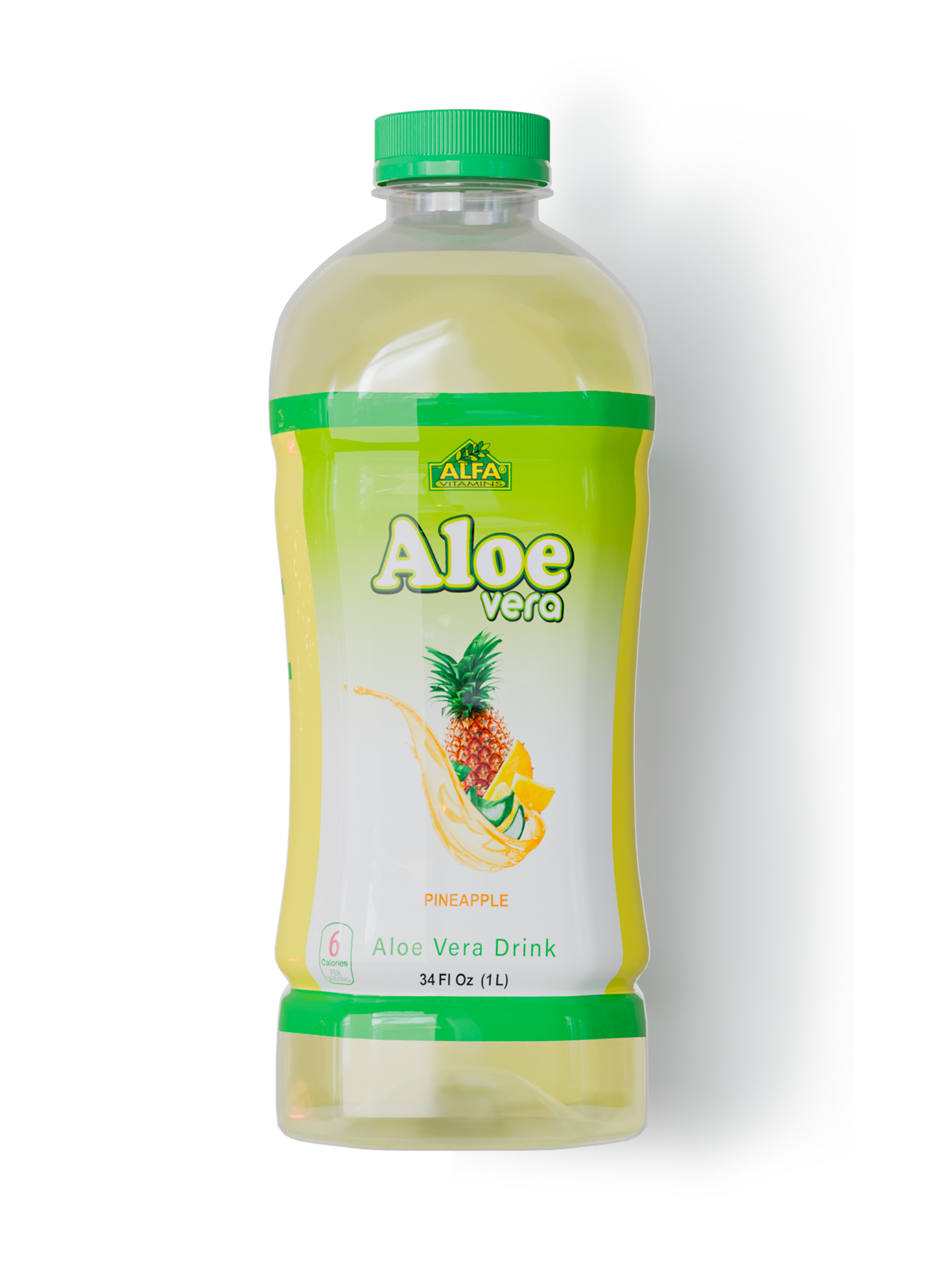 A 34oz bottle of Aloe Vera Drink (6 pack) by Alfa Vitamins Store, featuring refreshing pineapple flavor for digestive support, in a clear bottle with green cap and label displaying aloe leaves and pineapple.