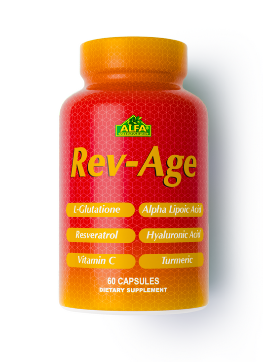 The red and orange bottle of REV-AGE Cellular Repair Formula by Alfa Vitamins contains 60 capsules, with L-Glutathione and Vitamin C to support antioxidant protection, hydration, and overall wellness.