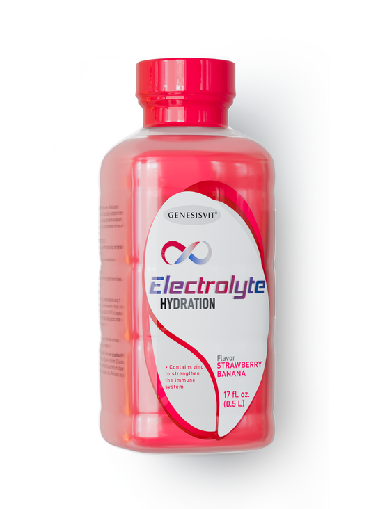 A pink Genesisvit® Electrolyte Solution (16.9 fl oz, strawberry/banana) from Alfa Vitamins Store supports hydration and immunity with zinc; sold in a 12-pack.