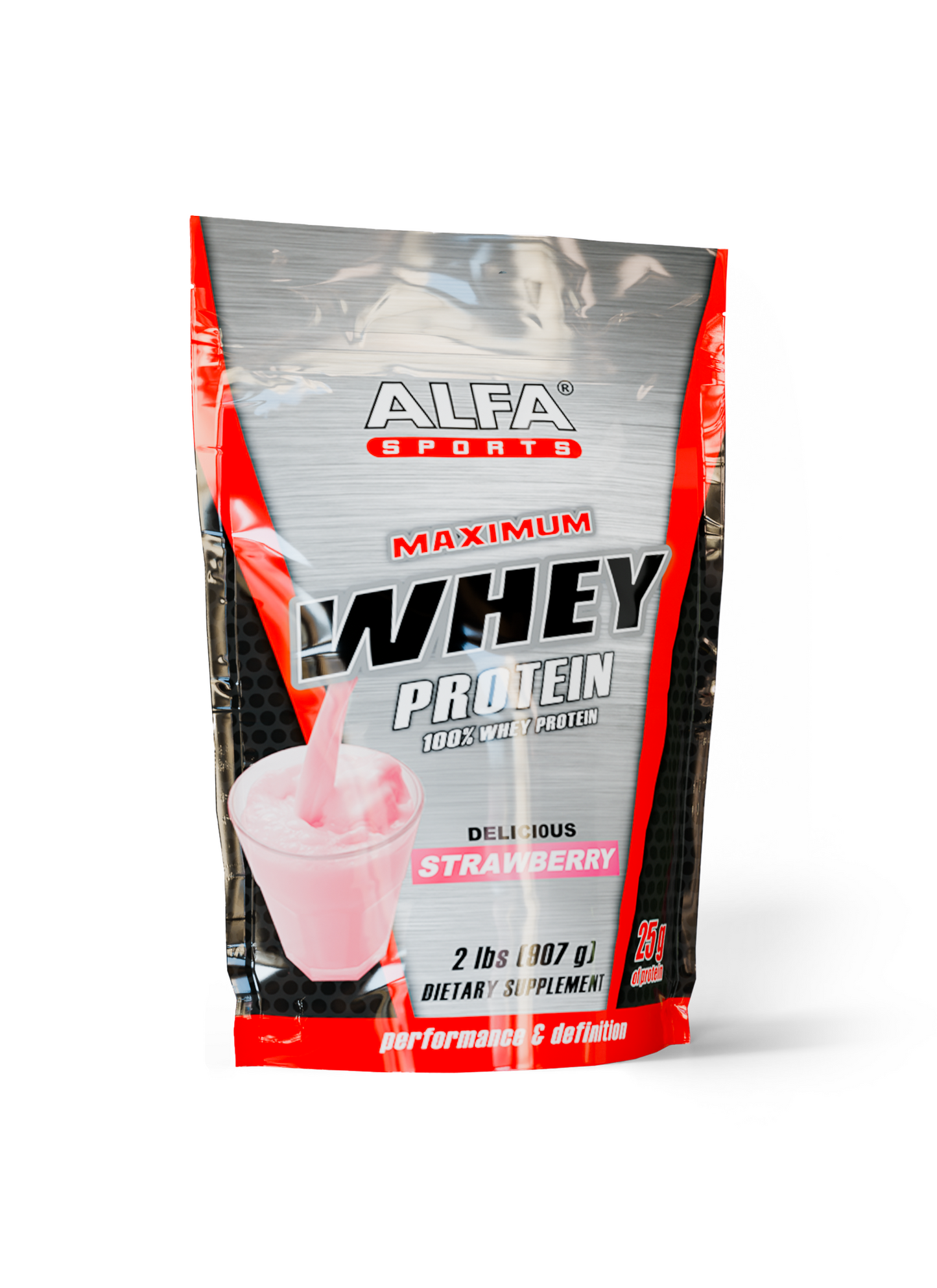 A silver and red pouch of Alfa Vitamins Maximum Whey Protein Powder - 2 Pounds Bag (Strawberry) with a pink protein shake in a glass. Rich in amino acids, this dietary supplement supports muscle growth.
