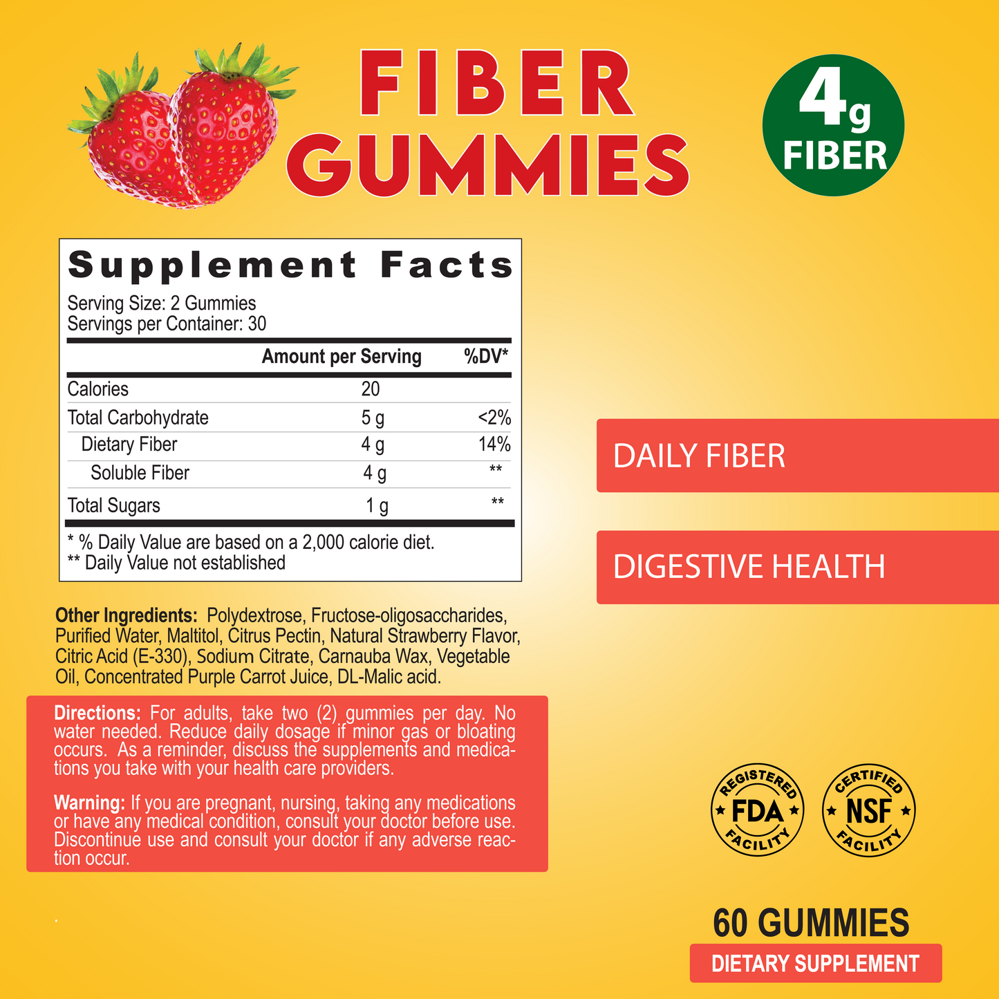 The Alfa Vitamins Fiber Gummies - 60 Gummies package displays a yellow label with a red strawberry image. It includes serving size, nutritional facts, additional ingredients, and usage instructions. Each gummy is packed with prebiotic fiber to support gut health and digestive wellness.