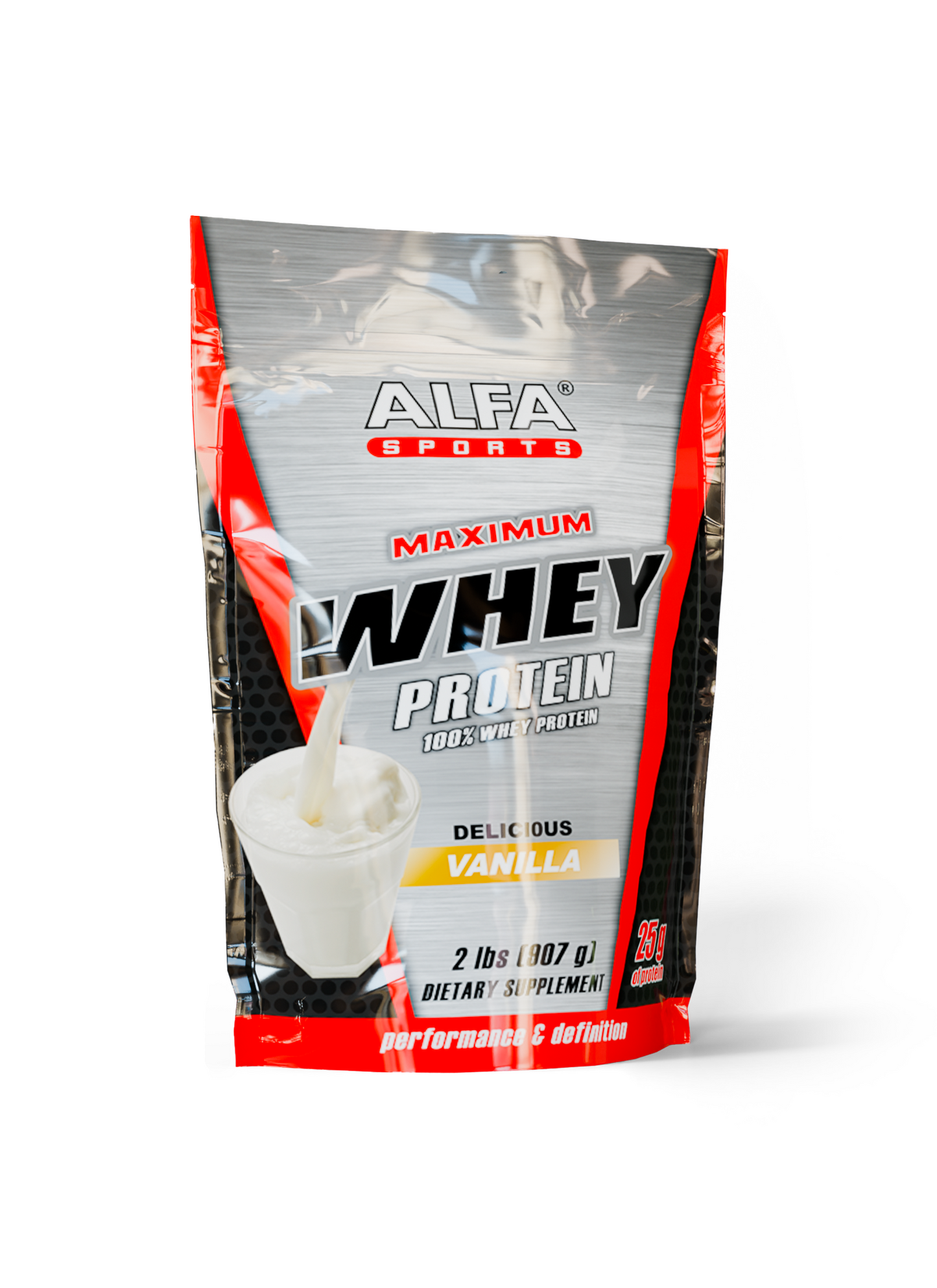 A silver and red bag of Alfa Vitamins Maximum Whey Protein Powder, vanilla flavor, 2 lbs (907 g), with a milk pouring image—dietary supplement for muscle growth.