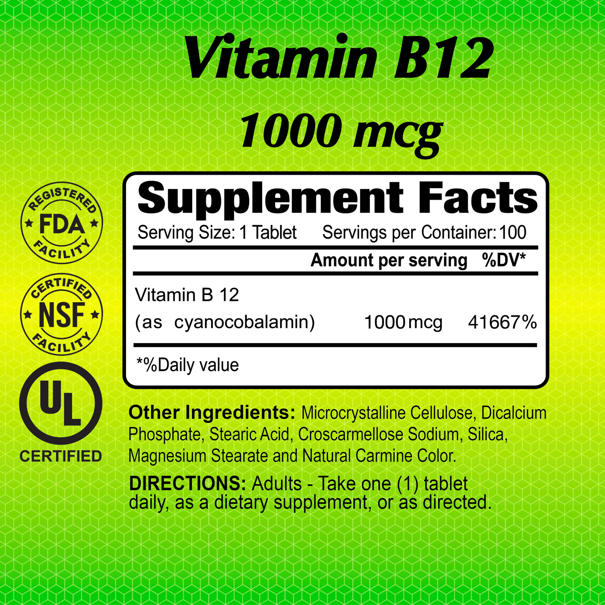 The green-label Alfa Vitamins Vitamin B12 supplement, covering energy and nervous system support, offers 1000 mcg per tablet with a daily value of 41667%. Certified by FDA, NS, and UL, adults are advised to take one tablet daily.