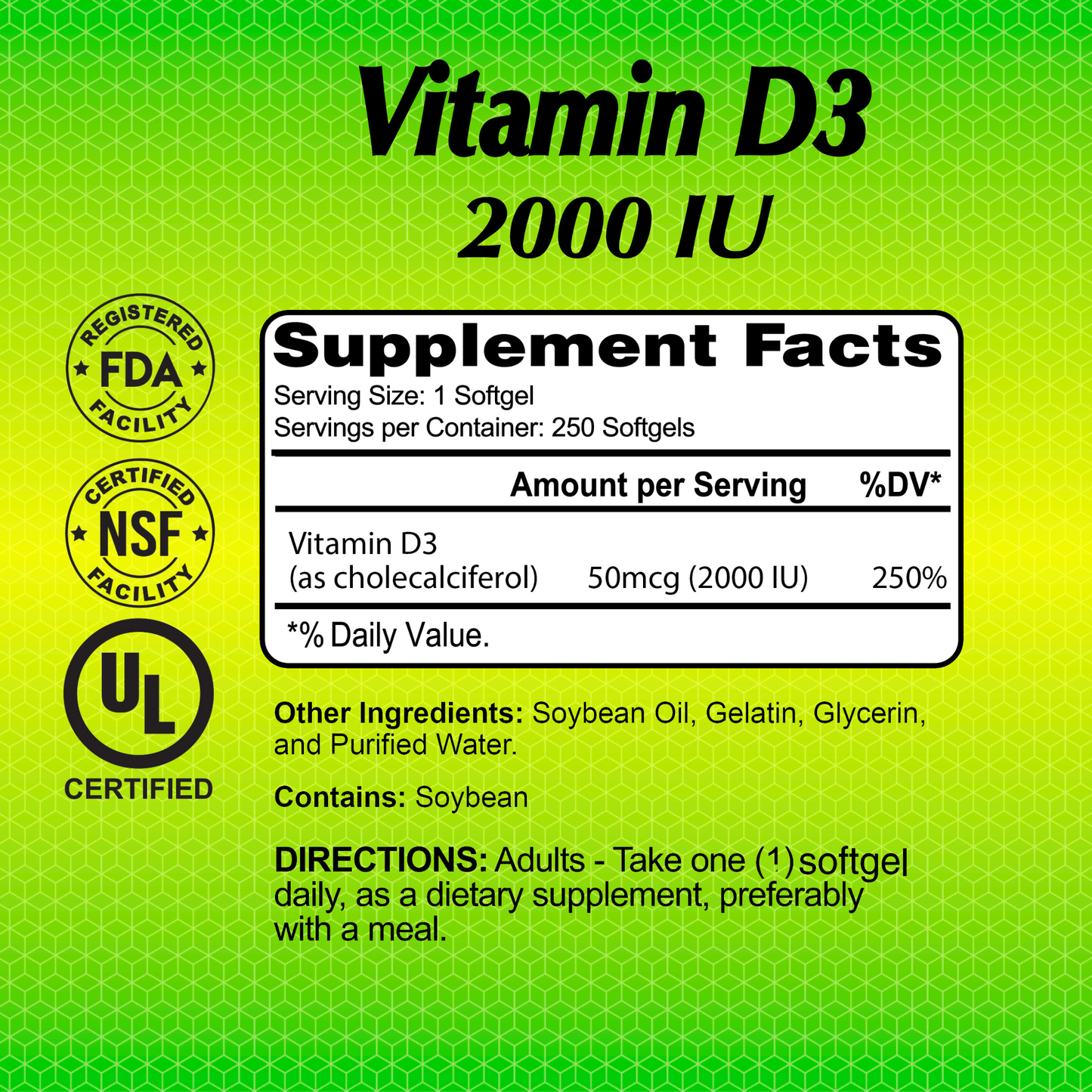 The image features the Alfa Vitamins Vitamin D3 2000 IU - 250 Softgels label with FDA, NSF, and UL certified seals. Supplement Facts: 50mcg (2000 IU) per softgel, providing antioxidant benefits for skin health. Ingredients include soybean oil, gelatin, glycerin, purified water; contains soybeans.