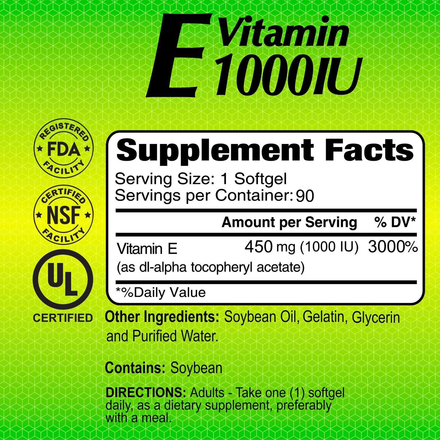 A green-labeled Alfa Vitamins Vitamin E 1000 IU softgel, known for antioxidant benefits supporting skin health. Each serving has 450 mg Vitamin E and is certified by FDA, NSF, and UL. Directions: take 1 daily. Contains soybean oil and gelatin. Comes with 90 softgels per bottle.
