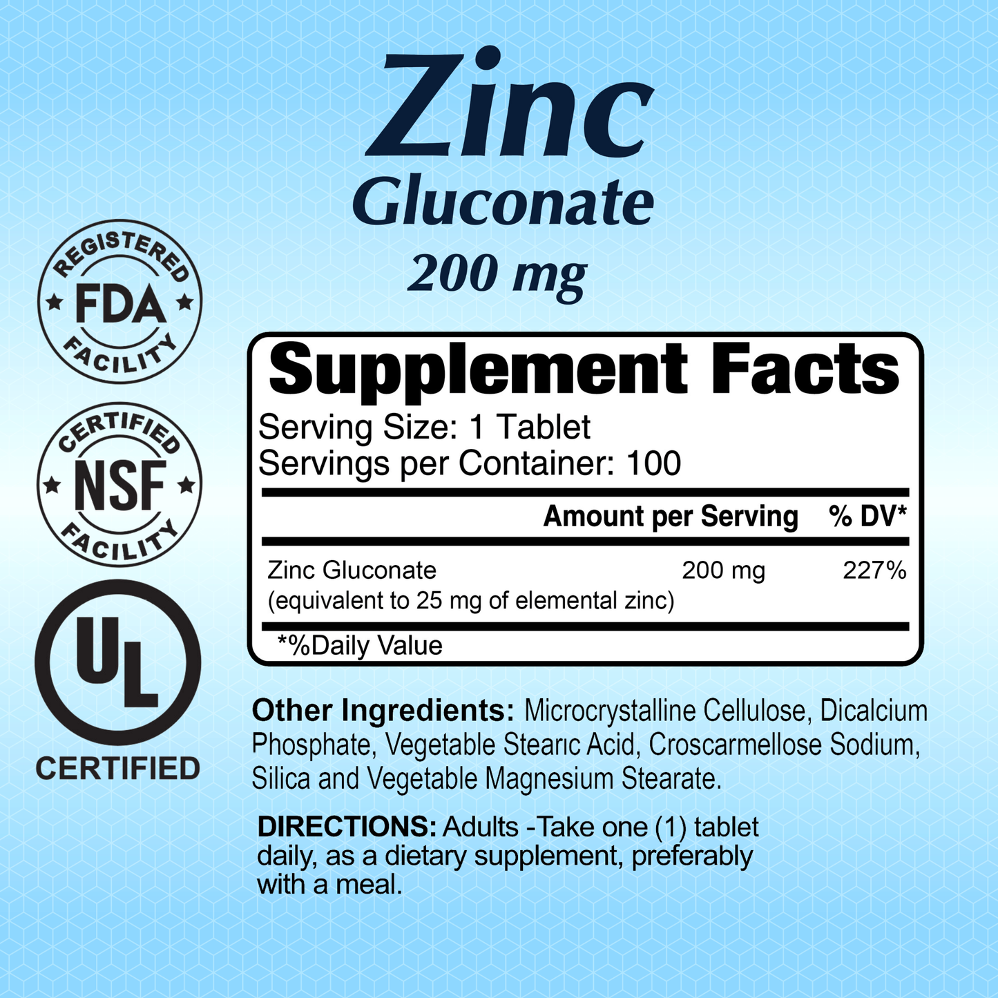Alfa Vitamins Zinc Gluconate 200 mg prominently displays 200 mg Zinc Gluconate on its label, emphasizes immune support, and features FDA, NSF, and UL certifications. Each container holds 100 tablets with a recommended daily intake of one tablet.