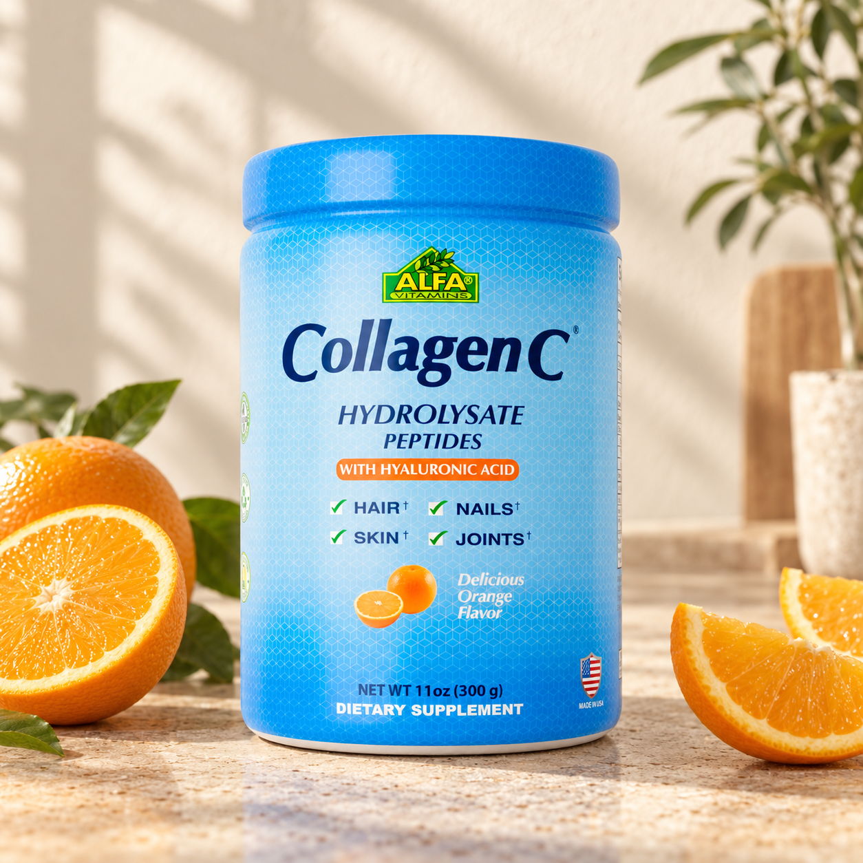 CollagenC Hydrolysate Peptides with Hyaluronic Acid - Orange Flavor - 11 oz