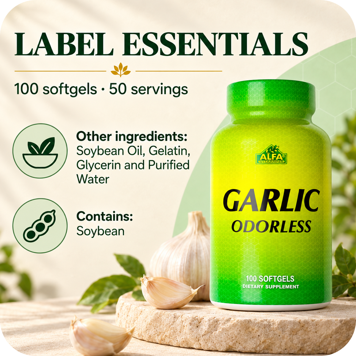 Garlic Odorless verified label essentials and allergen information.
