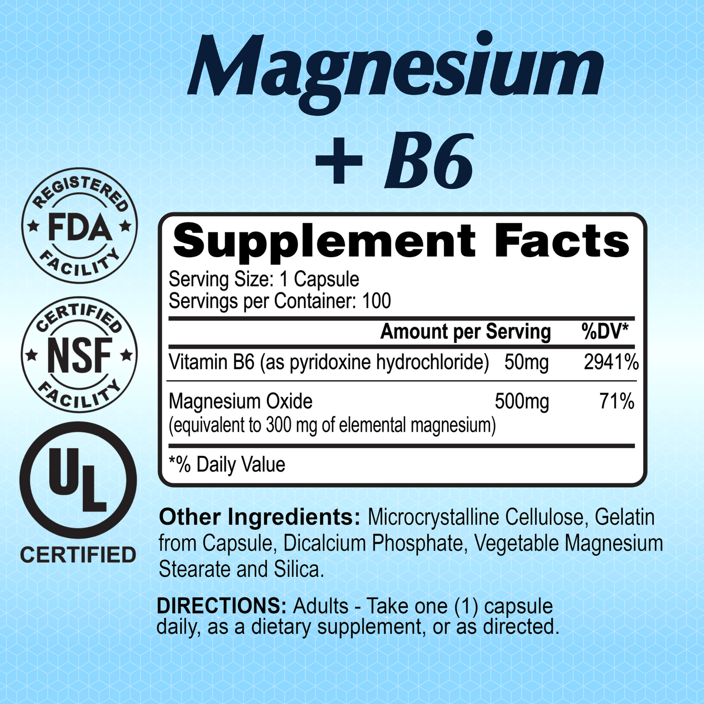 The Magnesium Plus B-6 500 mg supplement from Alfa Vitamins is designed to enhance sleep quality. Each tablet serving offers 5mg Vitamin B6 and 500mg Magnesium Oxide, with 100 servings per container. The label includes FDA, NSF, and UL logos along with adult usage directions.