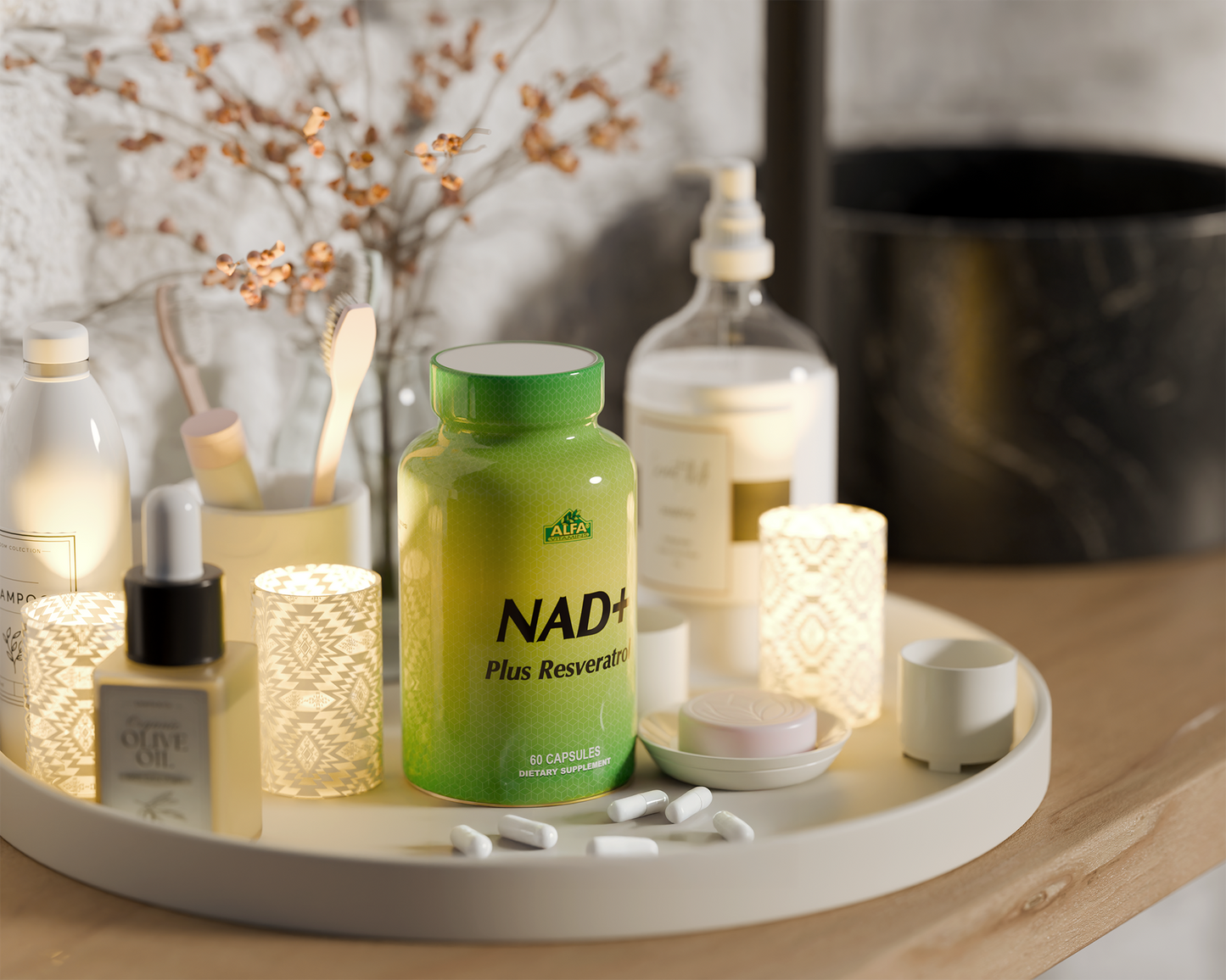 A white round tray stylishly holds skincare and health items, showcasing a green bottle of NAD+ Plus Resveratrol – Cellular Energy & Healthy Aging Support – 60 Capsules by Alfa Vitamins Store, with a dropper bottle, lotion, candles, toothbrushes, and soap dispenser. Dried flowers add a natural accent.