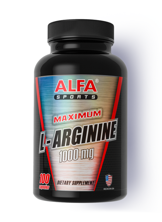 A black bottle of Alfa Vitamins Maximum L Arginine 1000 mg Muscle Builder with 100 capsules. The label has red, gold, and blue accents, a small American flag, and promotes nitric oxide support for healthy blood flow.