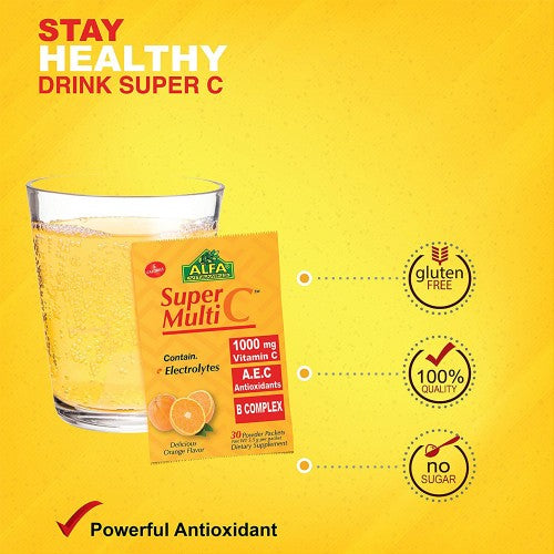 A glass of orange drink sits beside a packet labeled Super Multi C Powder Formula by Alfa Vitamins. The packet highlights 1000 mg Vitamin C, antioxidants, and electrolytes for health benefits. It boasts Gluten Free, 100% Quality, and No Sugar on a vibrant yellow backdrop for rejuvenation.