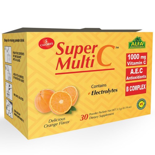 Alfa Vitamins Super Multi C Powder Formula offers 30 orange-flavored packets, each with 1000 mg of Vitamin C and essential electrolytes. At just 5 calories per serving, its rich in antioxidants. Convenient preparation instructions are included on the packaging.