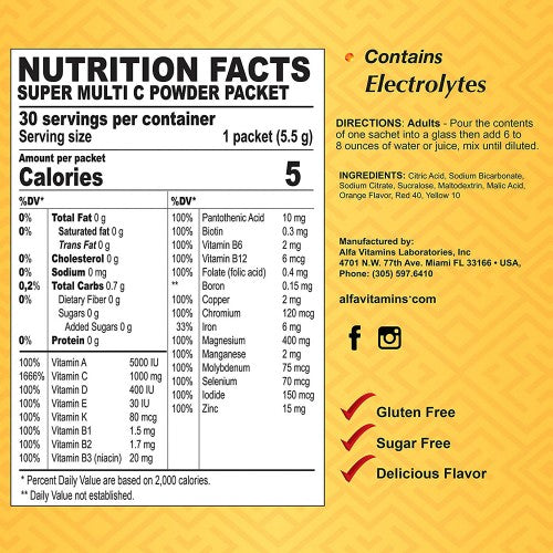 The Alfa Vitamins Super Multi C Powder Formula features 1000 mg Vitamin C per packet and is Gluten Free, Sugar Free, and Contains Electrolytes. Packed with antioxidants, it provides delicious flavor along with clear directions and ingredients.