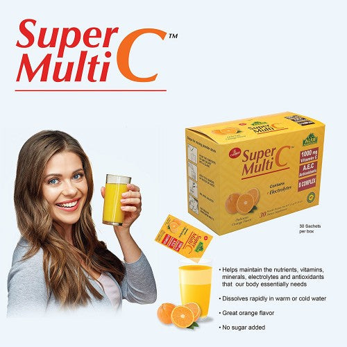 A woman smiles while holding a glass of orange drink next to a box of Super Multi C Powder Formula by Alfa Vitamins. The image showcases benefits like 1000 mg Vitamin C, rich antioxidants, rapid dissolving, and no added sugar, featuring oranges and a packet illustration.