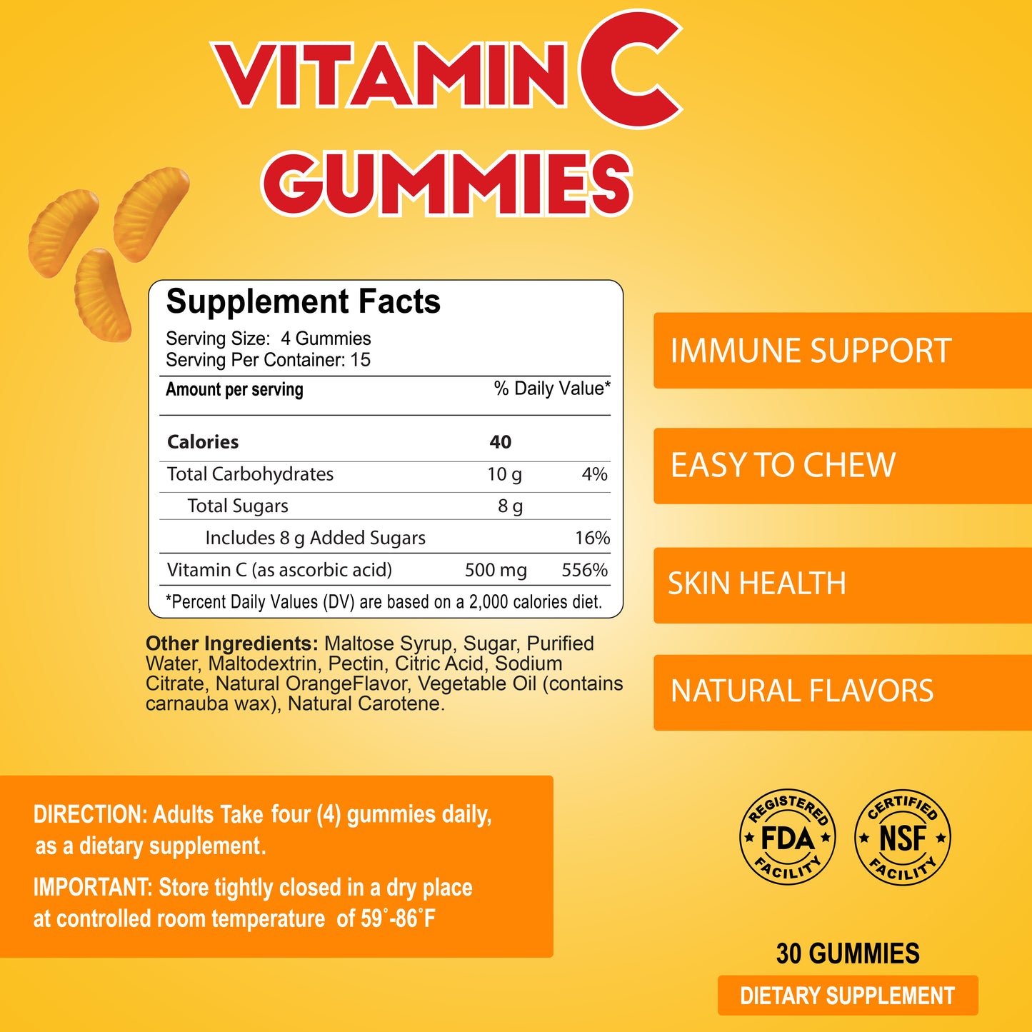 The image showcases Alfa Vitamins Vitamin C Gummies for Adults with benefits like immune support, an easy-to-chew texture, and skin health. It also details serving size, ingredients, certifications, and storage instructions.