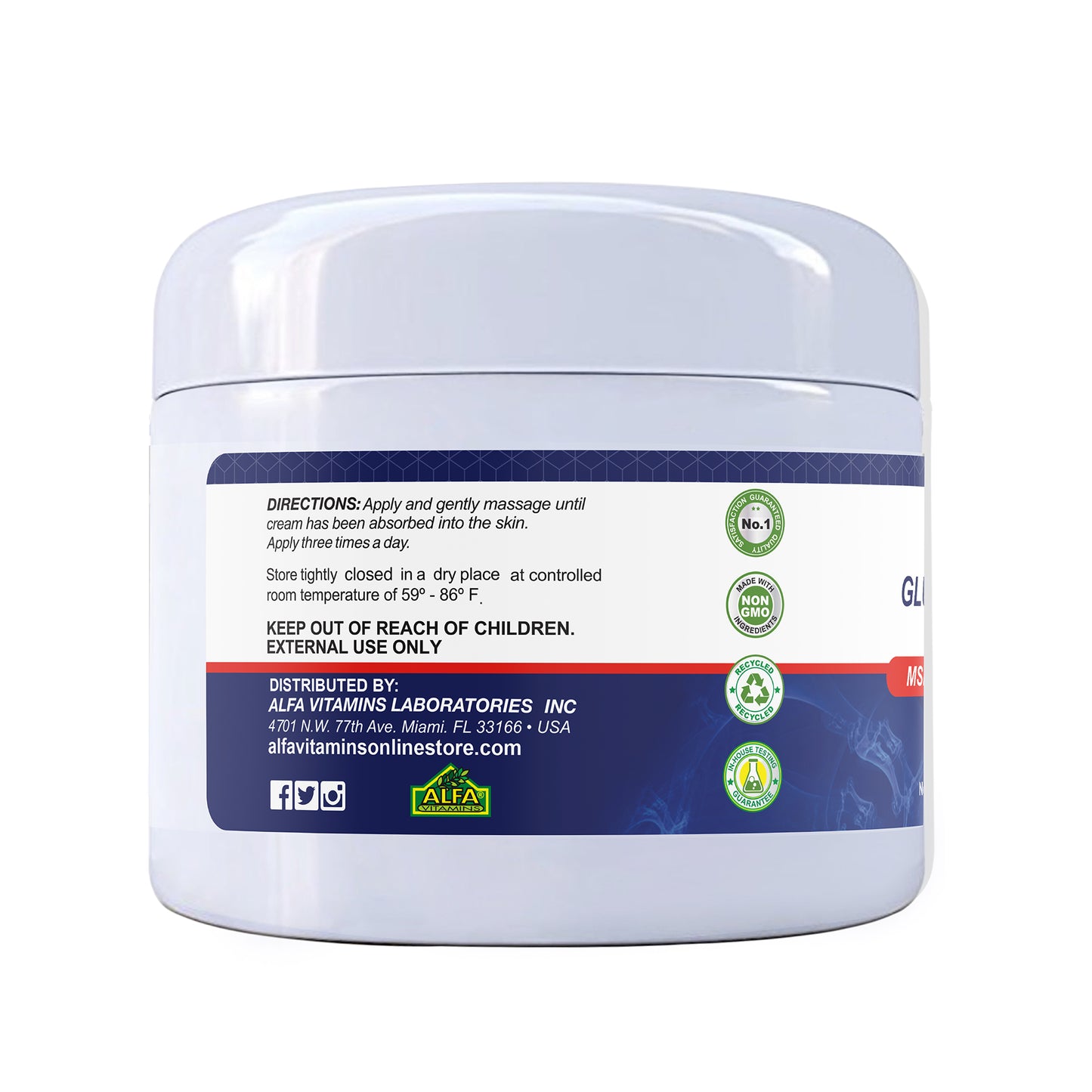 A white container of ALFLEXIL® Glucosamine + Chondroitin Cream Healthy Joints - 4 oz features directions, safety info, and a green Non-GMO seal alongside joint support certifications. Distributed by Alfa Vitamins, it assures effective relief with quality guarantees.