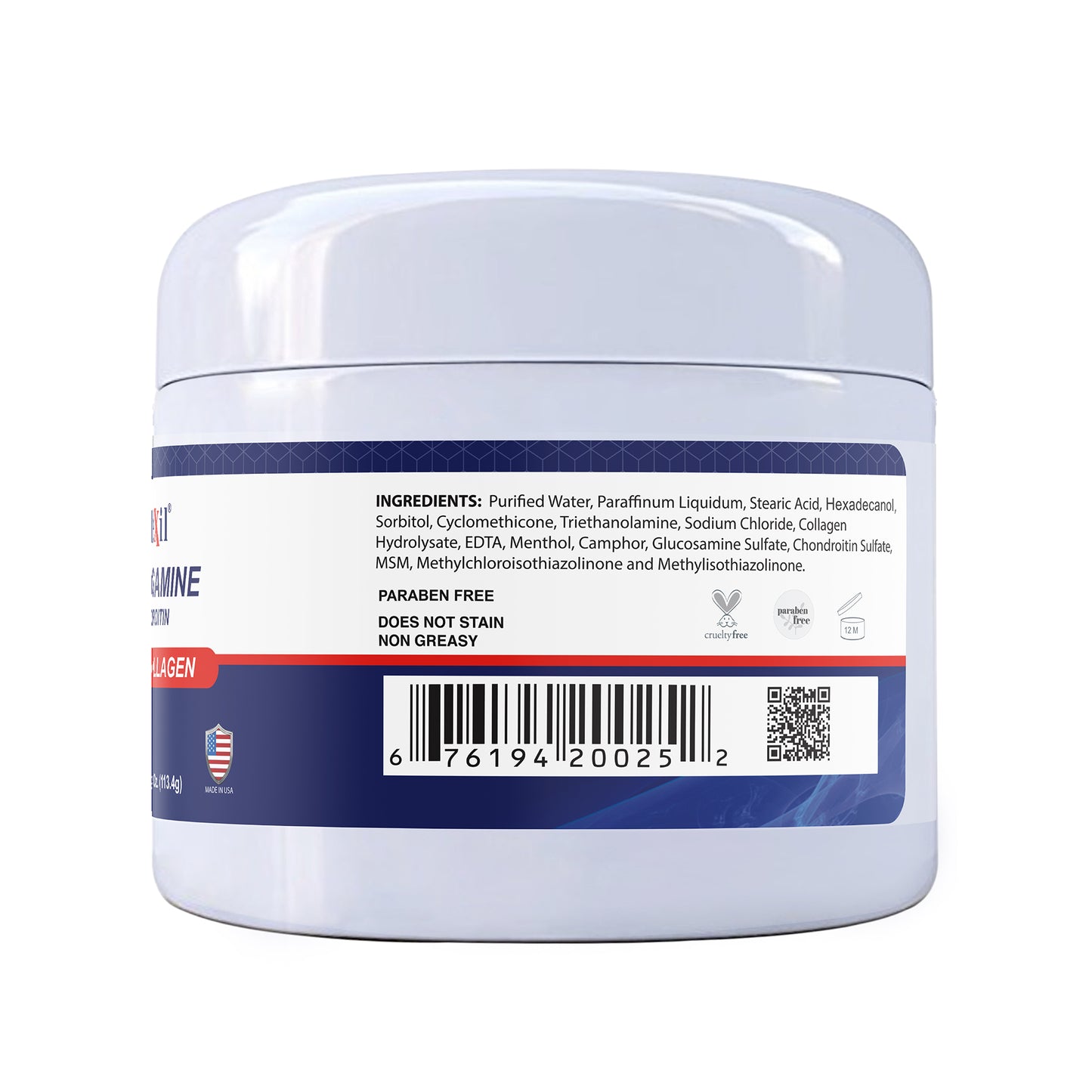The ALFLEXIL® Glucosamine + Chondroitin Cream by Alfa Vitamins, packaged in a white jar with a blue label, contains purified water and collagen for pain relief and joint support. Its paraben-free formula is non-greasy and non-staining, featuring both a barcode and QR code for convenience.