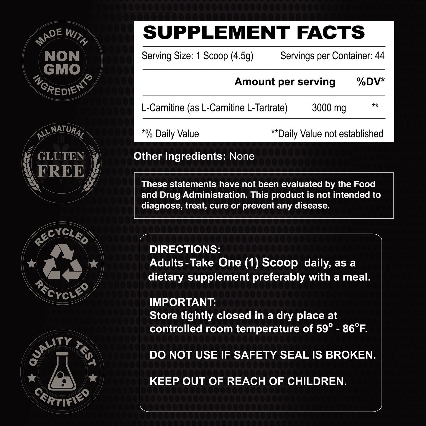 Alfa Vitamins Maximum L-Carnitine powder formula - Unflavored features a black supplement label with Supplement Facts, 3000 mg of L-Carnitine per serving, icons for Non-GMO, Gluten-Free, All Natural, Recycled, and Quality Test Certified, plus directions and storage info.