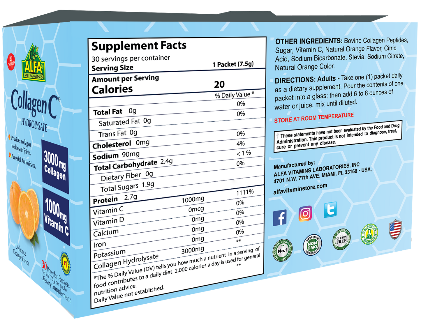 The image shows a blue box of Alfa Vitamins CollagenC Hydrolysate powder with Vitamin C. It displays nutritional info, ingredients, and serving instructions, emphasizing 3000 mg of collagen for skin elasticity and 1000 mg of vitamin C. Contains 30 servings per container.