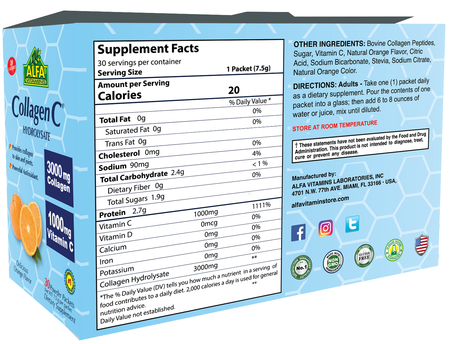 The image shows a blue box of Alfa Vitamins CollagenC Hydrolysate powder with Vitamin C. It displays nutritional info, ingredients, and serving instructions, emphasizing 3000 mg of collagen for skin elasticity and 1000 mg of vitamin C. Contains 30 servings per container.
