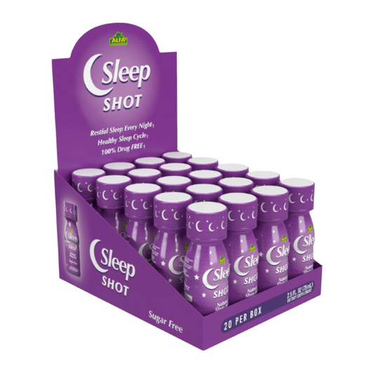 purple box of alfa vitamins Sleep Shot - 20 per box