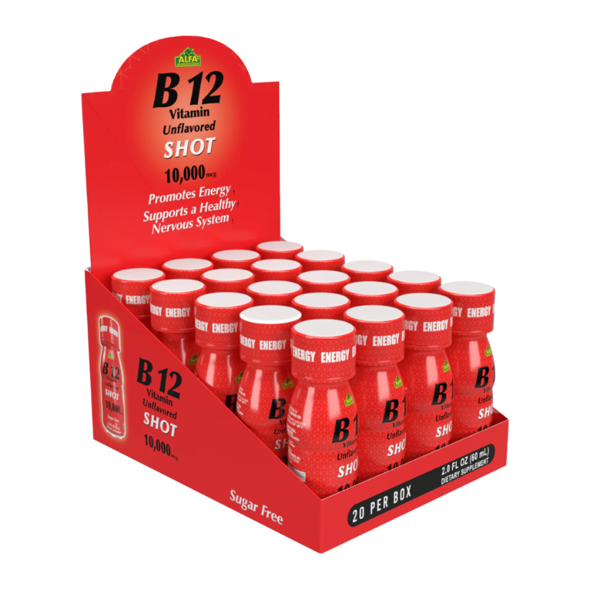 A red display box of 20 B12 Vitamin Shots by Alfa Vitamins, with 10,000 MCG each, promotes energy production and a healthy nervous system. The white and black text highlights benefits like improved cognitive function. Bottles are neatly arranged for your wellness journey.