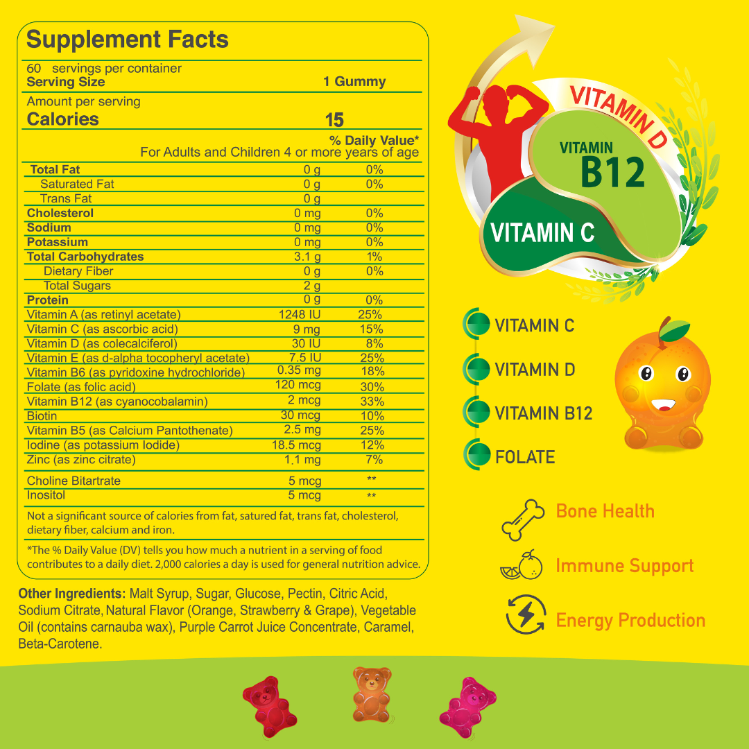 The Alfa Vitamins MultiVitamins Super Gummy Bears for kids come in a colorful label featuring vibrant fruits and gummy bears. Packed with vitamin C, D, B12, and folate, these multivitamins support bone health, boost immunity, and aid energy production. Available in a 60-count bottle.