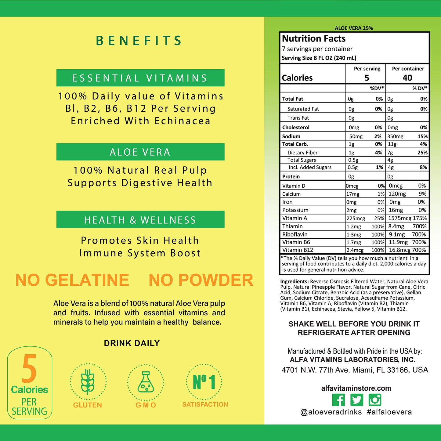 The green and yellow label for Alfa Vitamins Aloe Vera Drink-Pineapple emphasizes its essential vitamins, aloe vera benefits, digestive support, nutrition facts, and highlights that its gluten-free, non-GMO, with no gelatin or powder. Enjoy 100% satisfaction and find included contact/location details.