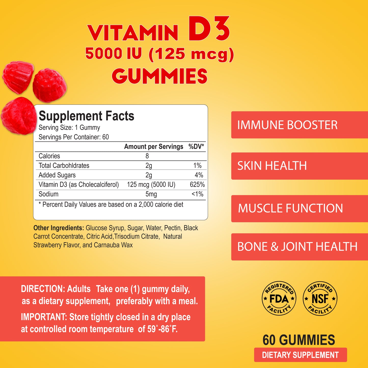 The yellow packaging for Alfa Vitamins Stores Vitamin D3 500 IU Adults - 60 Gummies emphasizes immune and bone health benefits. It includes supplement facts, one-gummy daily directions, certification logos, a red gummy image, and offers 60 gummies per bottle.