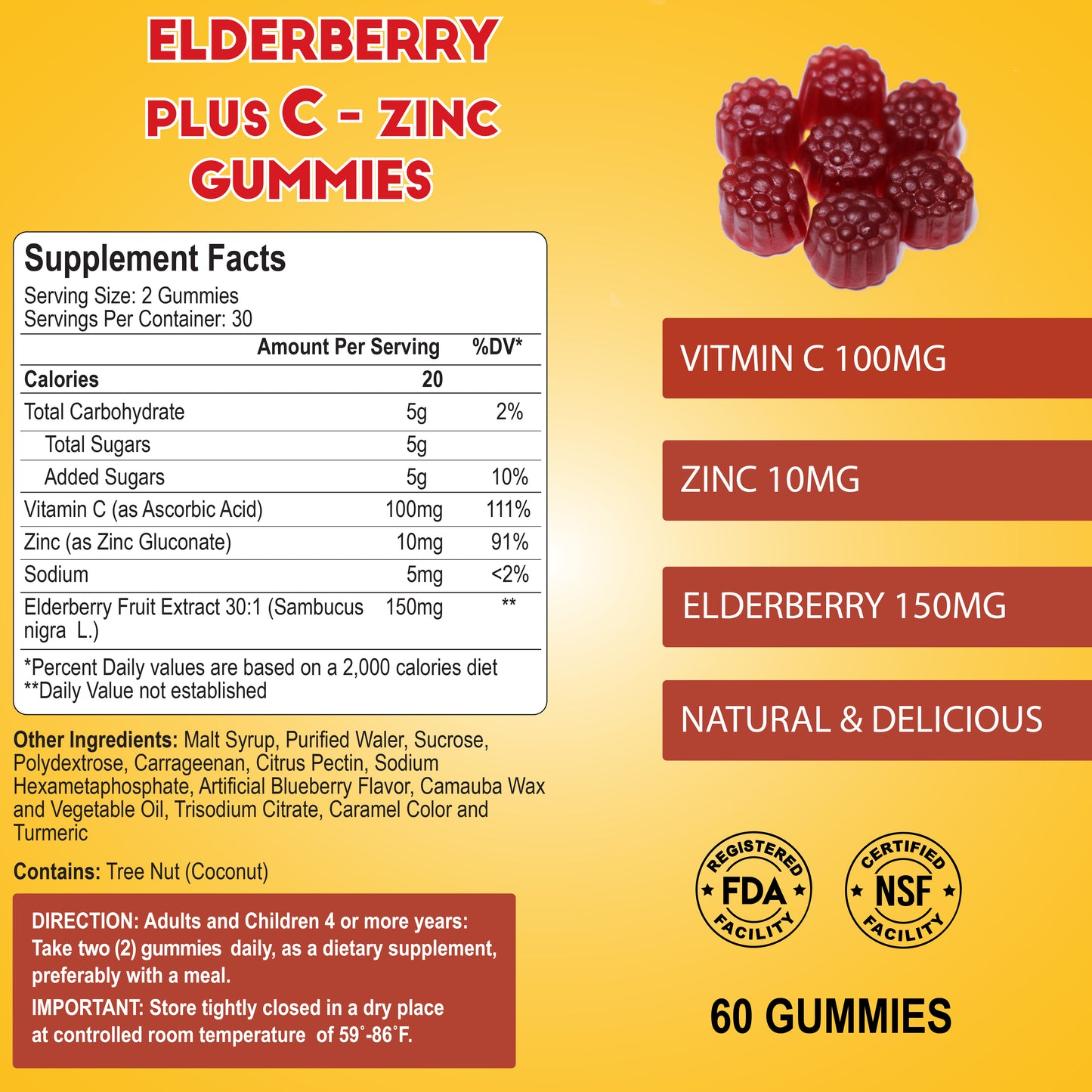 The vibrant yellow packaging of Alfa Vitamins Elderberry + C & Zinc - 60 Gummies highlights elderberry extract, Vitamin C, and zinc. Supplement facts detail 100mg Vitamin C, 10mg zinc, and 150mg elderberry per serving; certified emphasis on natural ingredients.