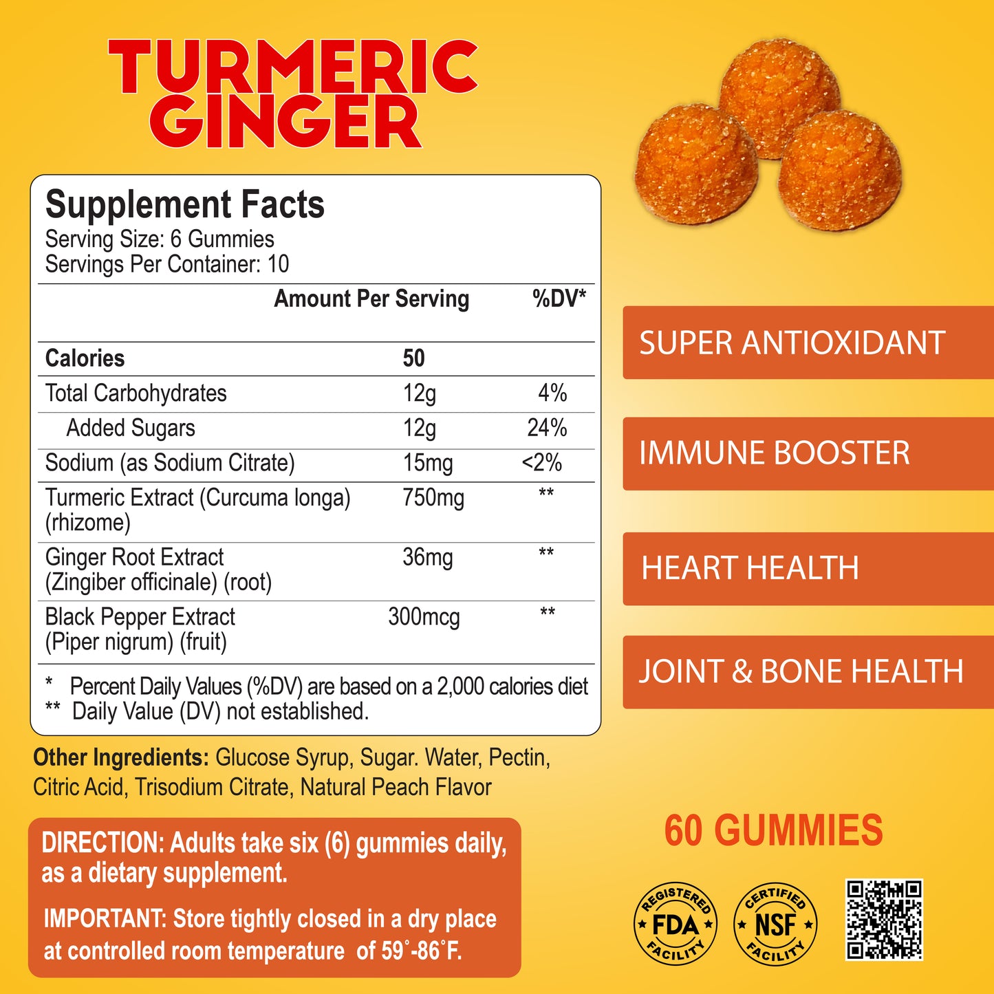 The packaging image of Alfa Vitamins Stores Turmeric Ginger Gummies shows nutritional facts and benefits like super antioxidant and heart health support. The FDA-approved supplement contains 60 gummies enriched with turmeric, ginger root extract, and black pepper for better absorption.