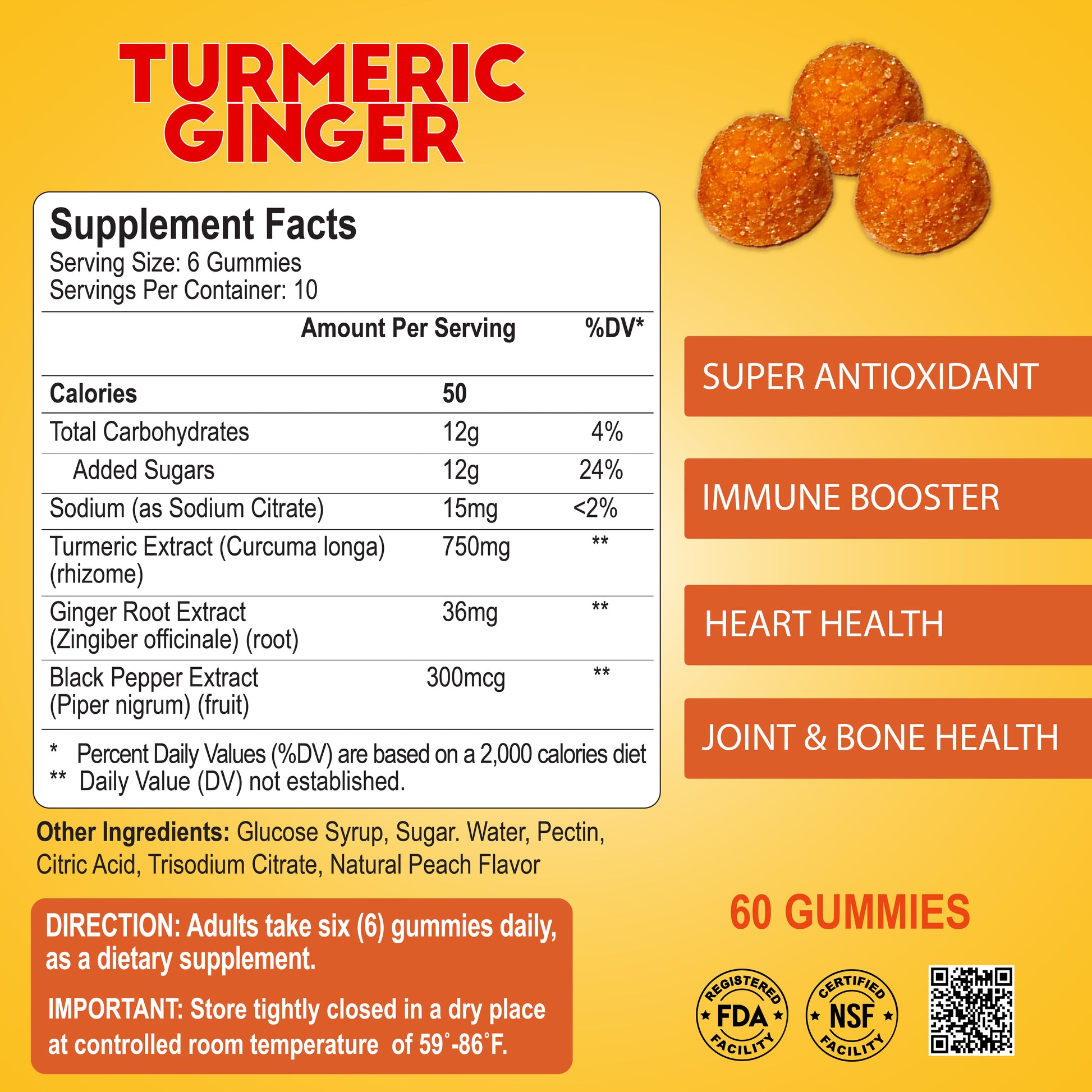 The packaging image of Alfa Vitamins Stores Turmeric Ginger Gummies shows nutritional facts and benefits like super antioxidant and heart health support. The FDA-approved supplement contains 60 gummies enriched with turmeric, ginger root extract, and black pepper for better absorption.