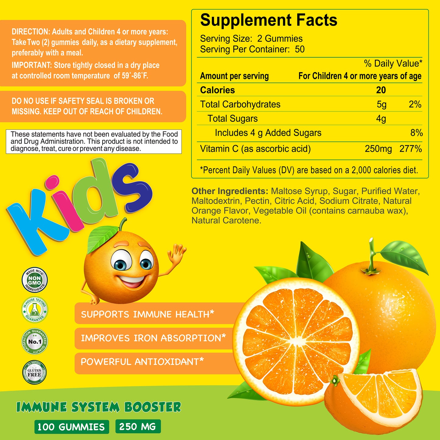 The Vitamin C Gummies for Kids from Alfa Vitamins Store features a colorful orange-themed label on a bright yellow background, promoting immune support with 250mg Vitamin C per gummy. It includes directions, warnings, improved iron absorption details, and nutritional facts for 100 gummies.