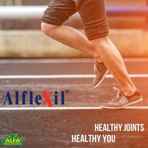 A person runs on a track in athletic shoes and shorts. The text reads Alflexil® - Glucosamine Chondroitin MSM Collagen-120 capsules with the Alfa Vitamins logo, promoting Healthy Joints, Healthy You.
