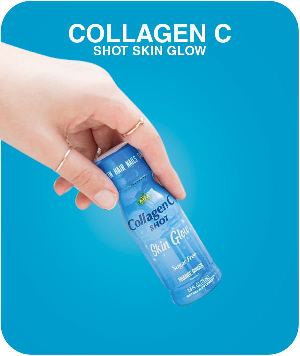 A hand holding a blue bottle of Collagen C Shot Skin Glow against a solid blue background. The bottle label mentions Sugar Free, Beautiful Skin, Strong Hair Nails, and Fast Delivery.