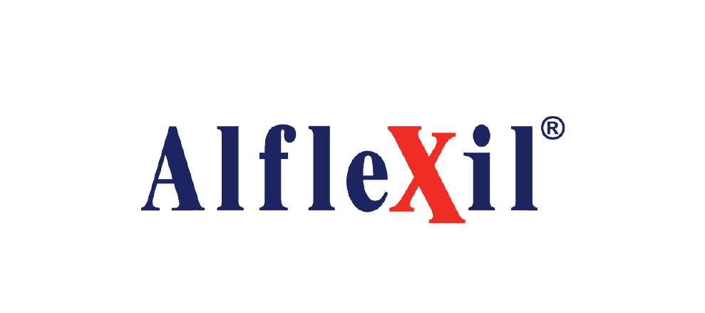 The image displays the logo for Alflexil, with the letters in dark blue except for a red X.